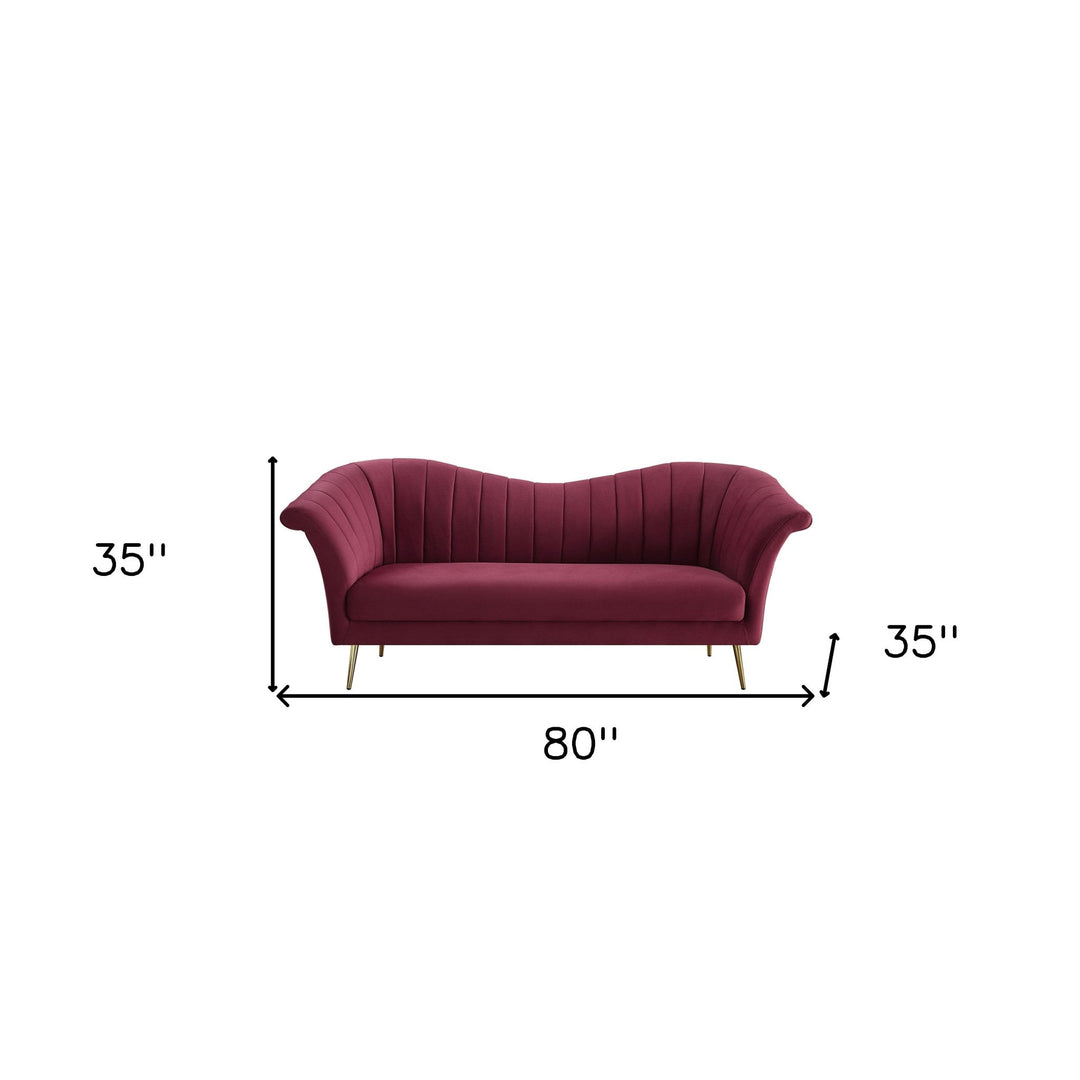 80" Red Velvet Sofa With Gold Legs Image 8