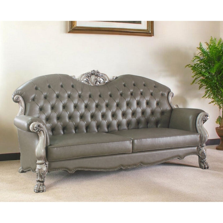 96" Bone Faux Leather Sofa And Toss Pillows With White Legs Image 5