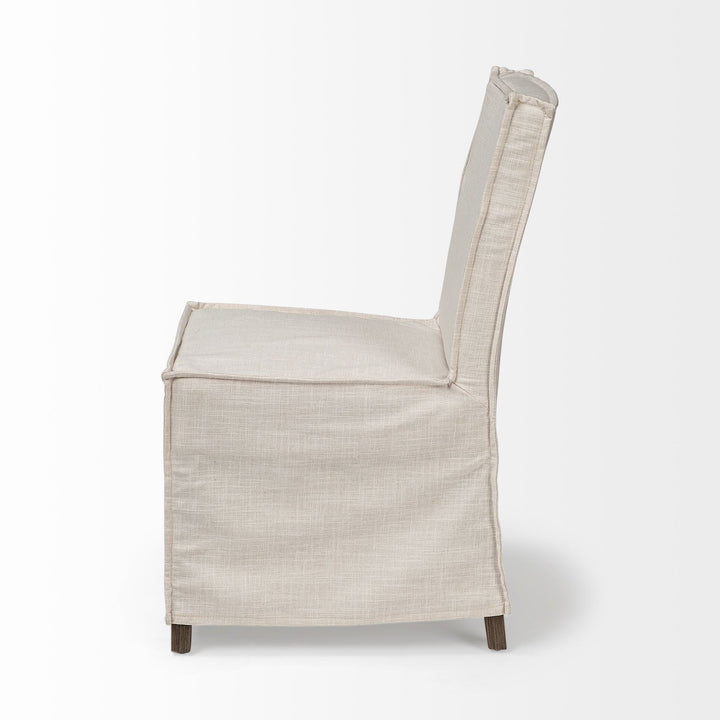 Beige And Brown Slipcovered Wood Parsons chair Image 3