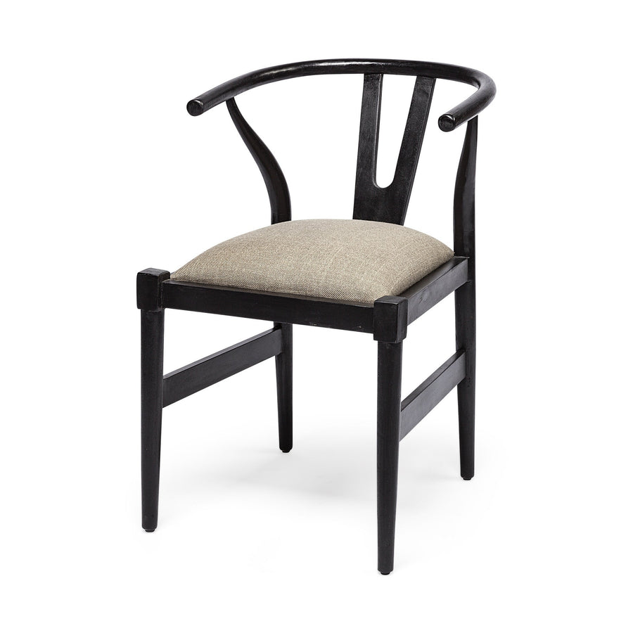 Beige And Black Upholstered Linen Wishbone Back Dining Side Chair Image 1