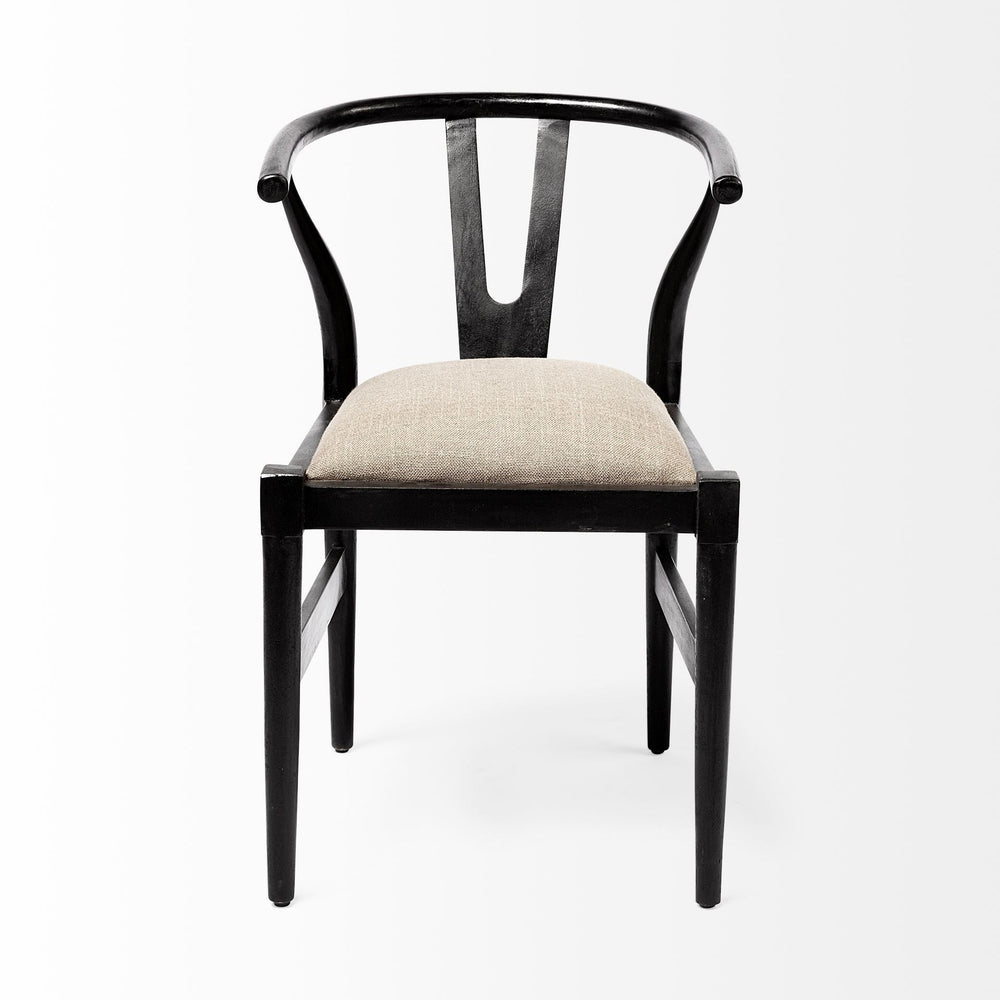 Beige And Black Upholstered Linen Wishbone Back Dining Side Chair Image 2