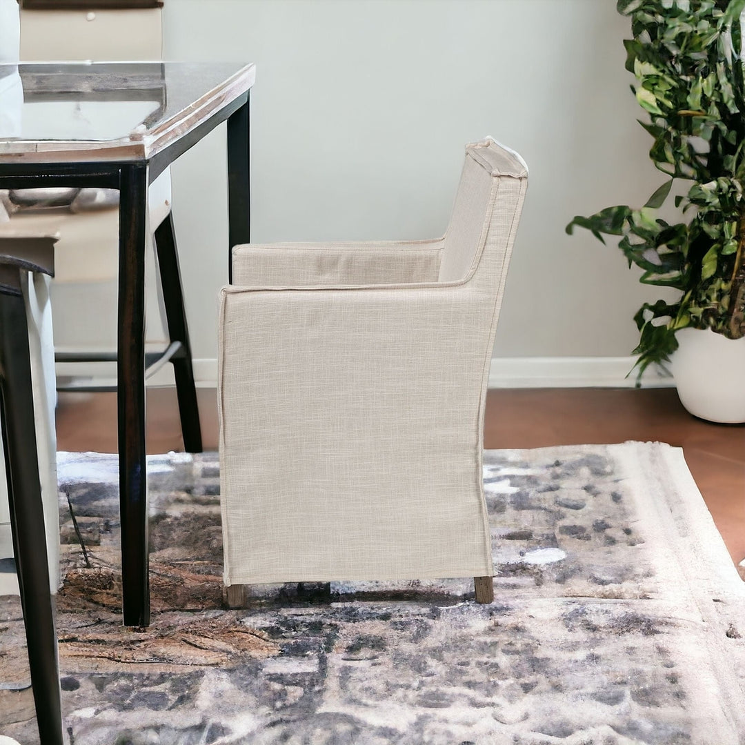 Cream And Brown Slipcovered Wood Dining Arm Chair Image 11