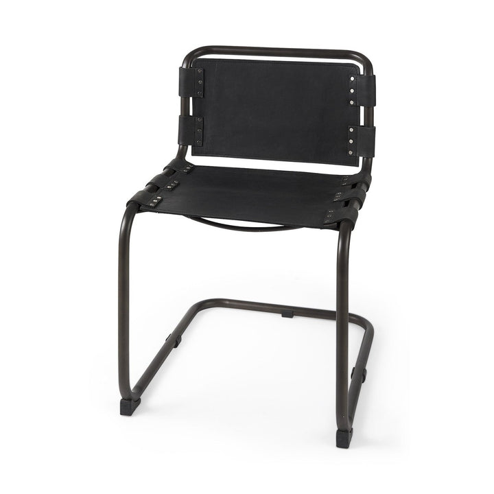 Black Leather Metal Open Back Dining Side Chair Image 1