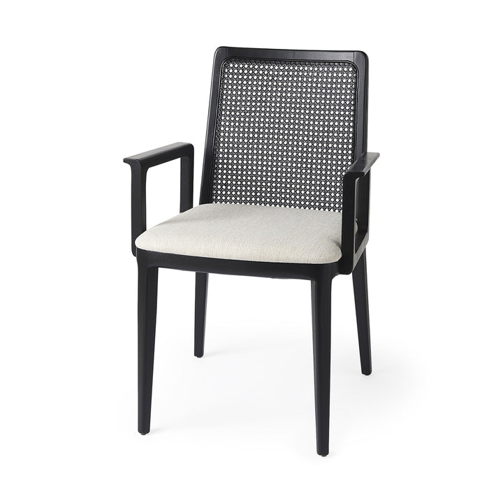 Black and Cream Uholstery and Cane Dining Armchair Image 1