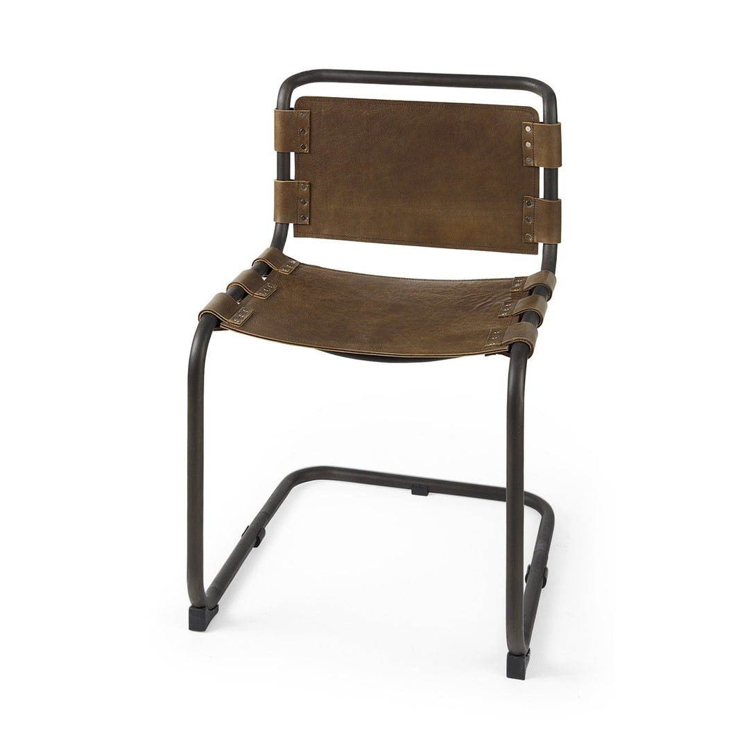 Brown And Black Leather Metal Open Back Dining Side Chair Image 1