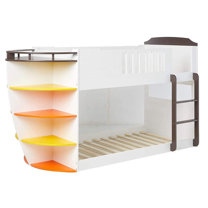 Brown and White Twin Transitional Bunk Bed with Shelves Image 2