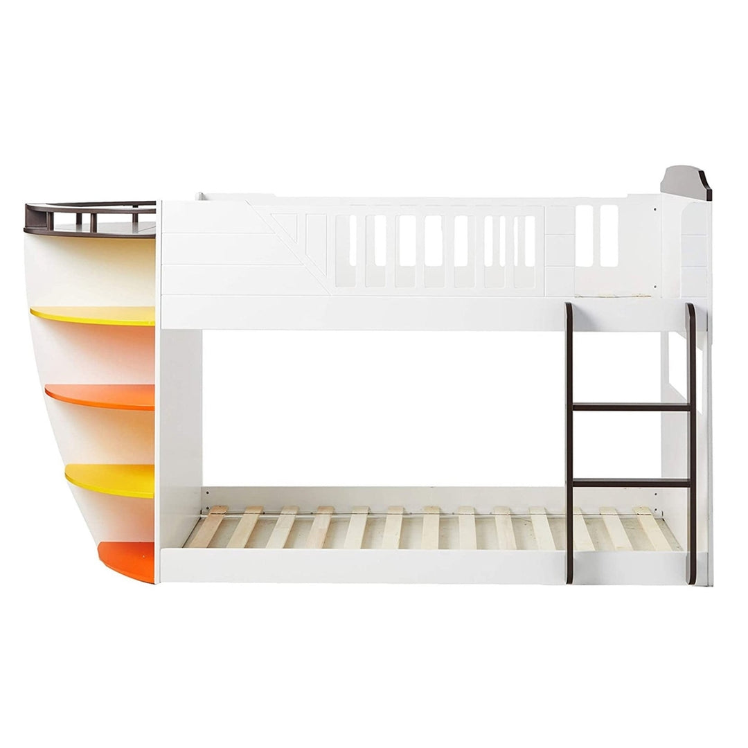 Brown and White Twin Transitional Bunk Bed with Shelves Image 3