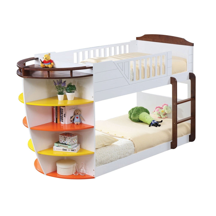 Brown and White Twin Transitional Bunk Bed with Shelves Image 4