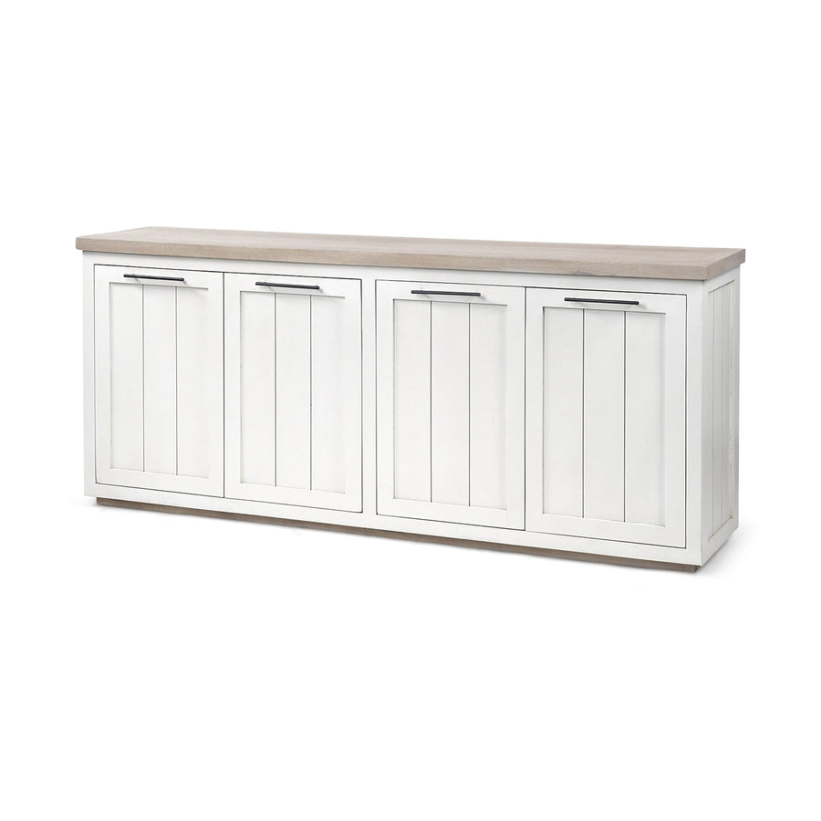 Brown Solid Mango Wood Top and White Frame Sideboard With 4 Cabinet Doors Image 1