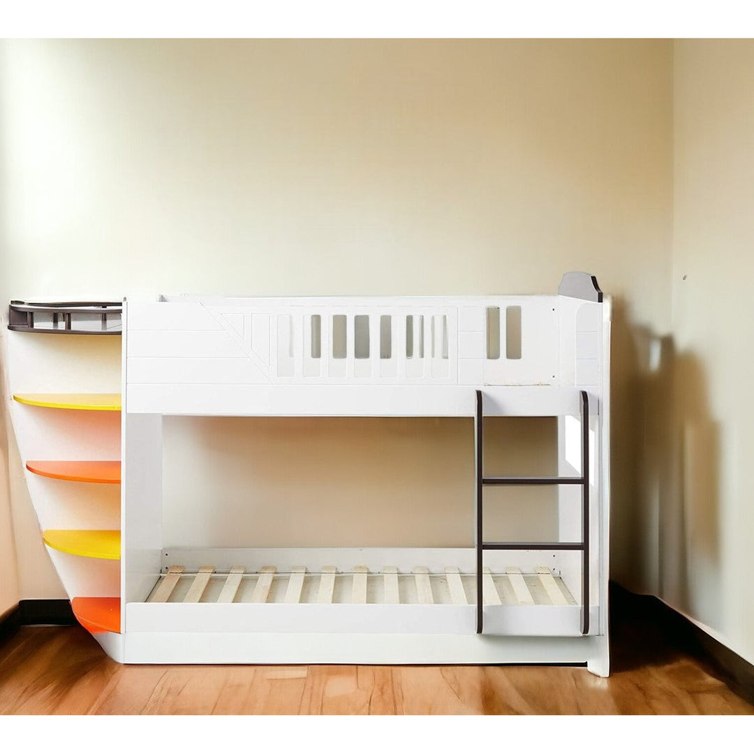 Brown and White Twin Transitional Bunk Bed with Shelves Image 6