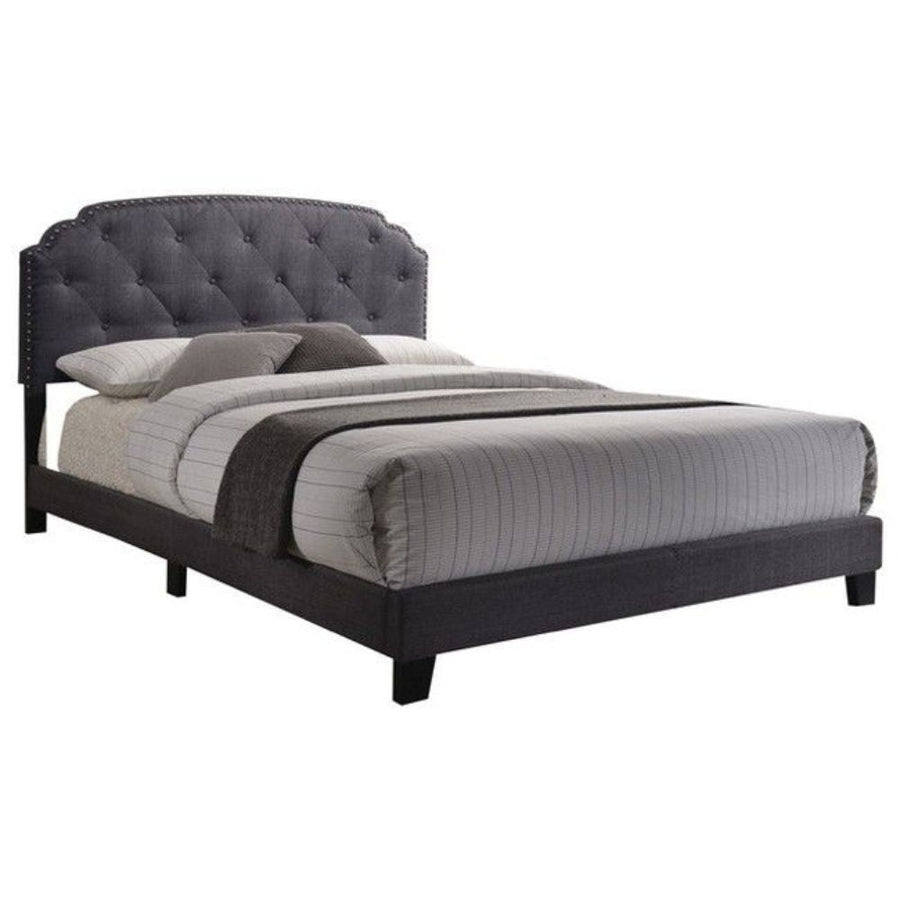 Queen Tufted Gray Upholstered Linen Bed With Nailhead Trim Image 1