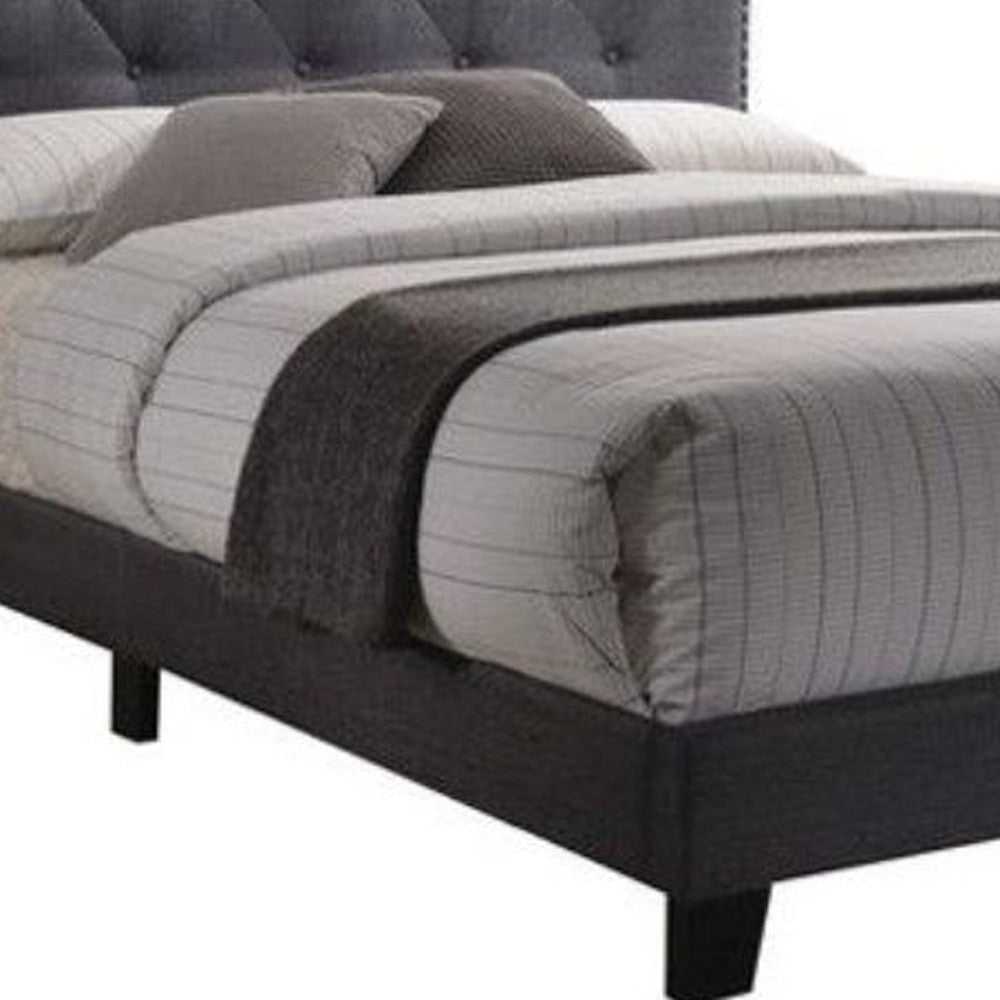 Queen Tufted Gray Upholstered Linen Bed With Nailhead Trim Image 3