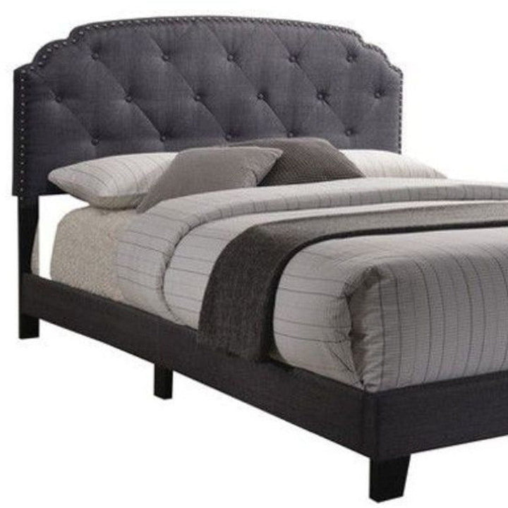 Queen Tufted Gray Upholstered Linen Bed With Nailhead Trim Image 4