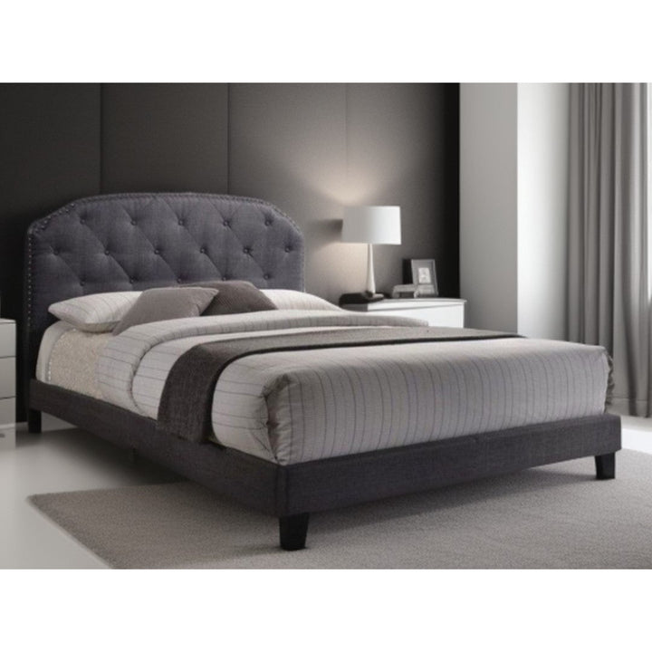 Queen Tufted Gray Upholstered Linen Bed With Nailhead Trim Image 5