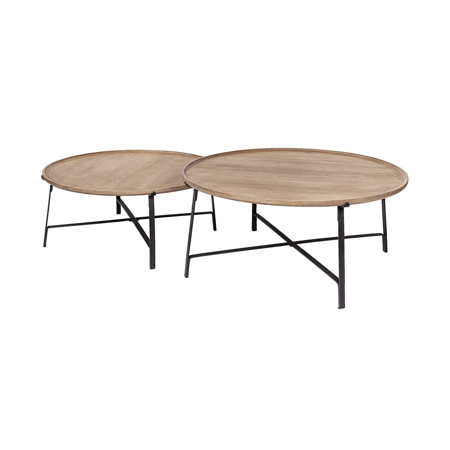 Set of Two 41" Brown And Black Solid Wood And Iron Round Nested Coffee Tables Image 1