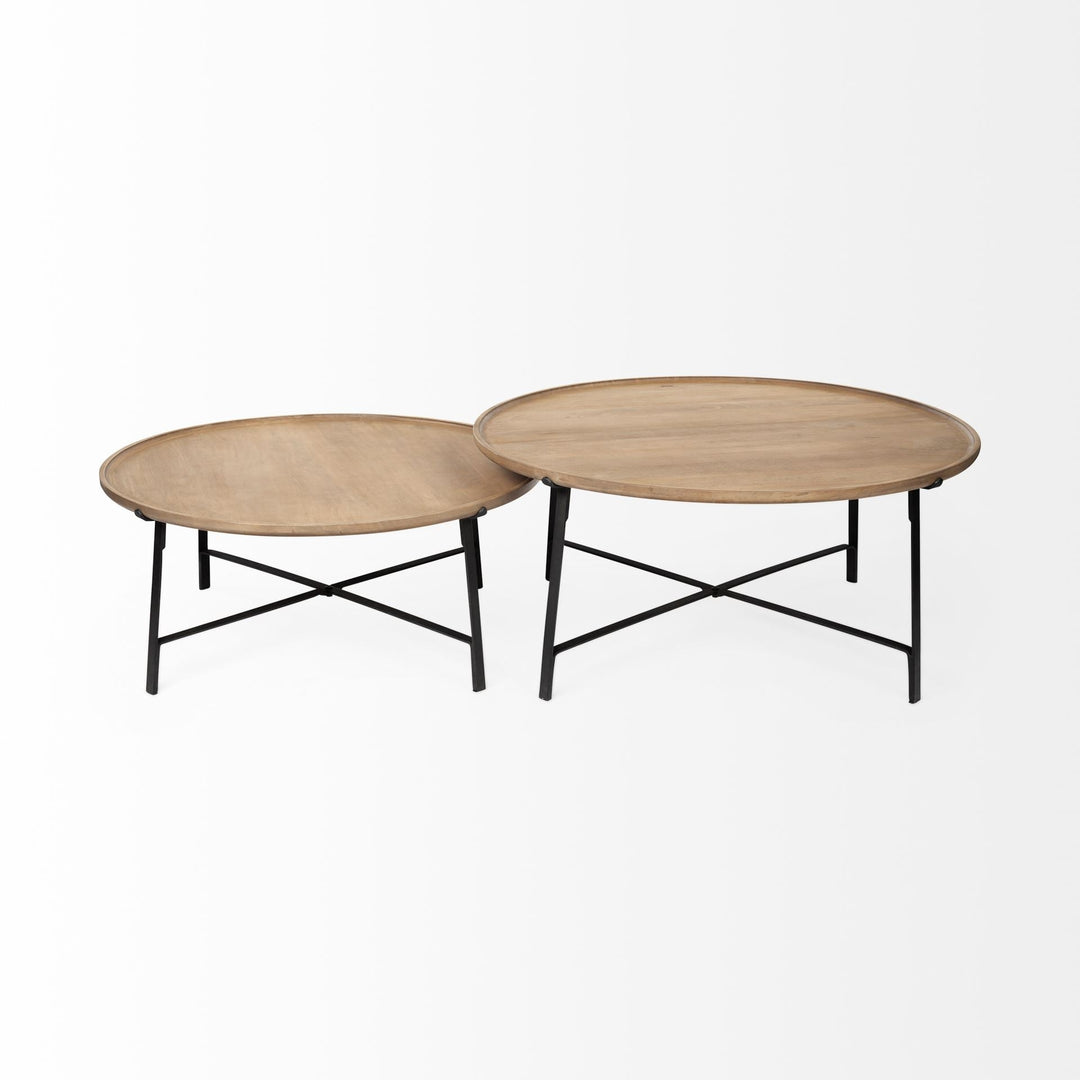 Set of Two 41" Brown And Black Solid Wood And Iron Round Nested Coffee Tables Image 2