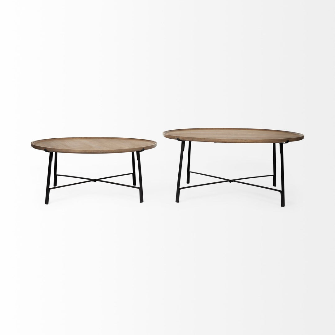 Set of Two 41" Brown And Black Solid Wood And Iron Round Nested Coffee Tables Image 3