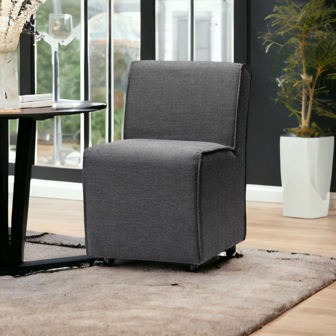 Set of Two Gray Upholstered Fabric Dining Side Chairs With Wheels Image 8