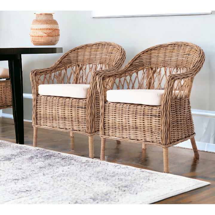 Set of Two Gray Brown Semi Circle Back Wicker Chairs with Seat Cushions Image 11