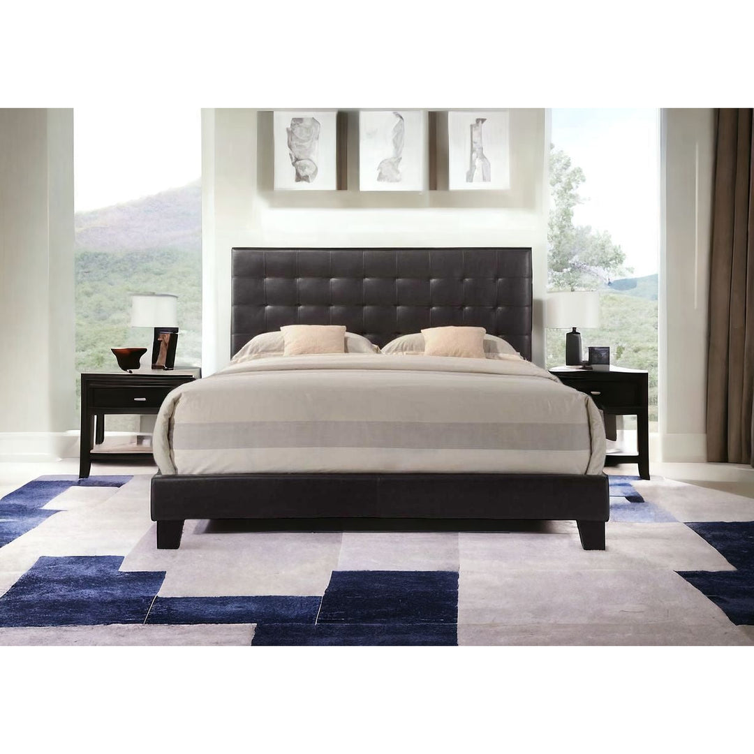 Solid Wood Queen Tufted Espresso Upholstered Faux Leather Bed Image 8