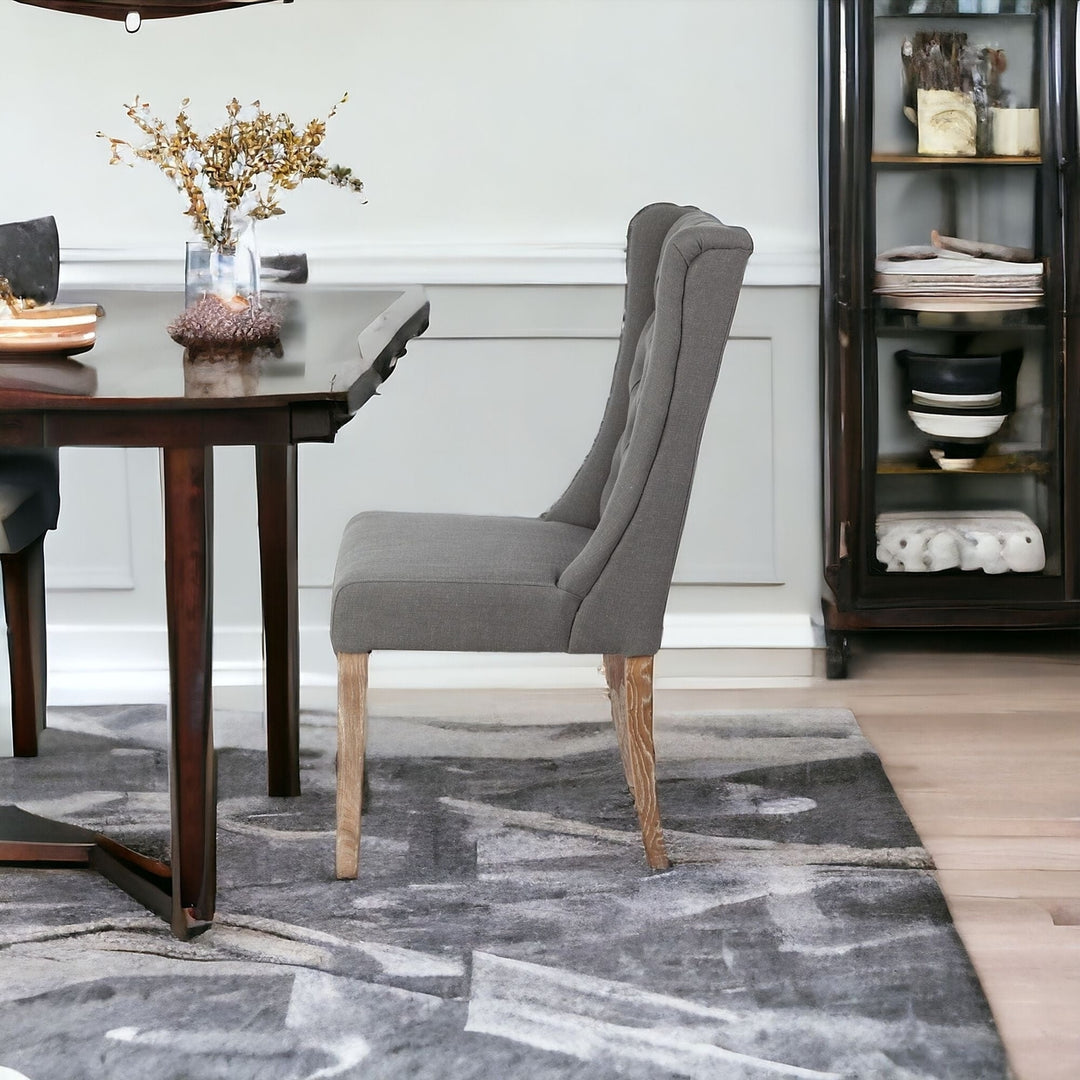 Tufted Gray And Brown Upholstered Linen Wing Back Dining Side Chair Image 10