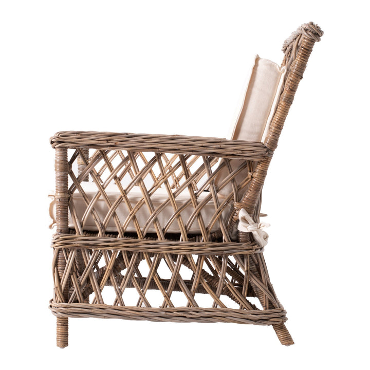 Set of Two Natural Lattice Wicker Arm Chairs with Seat Cushions Image 3