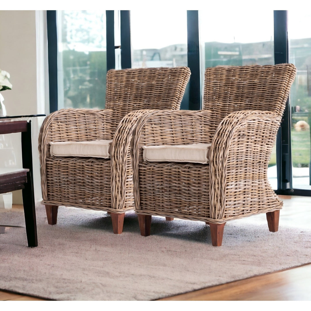 Set Of Two Natural Brown Rattan Wingback Wicker Chairs with Seat Cushions Image 10