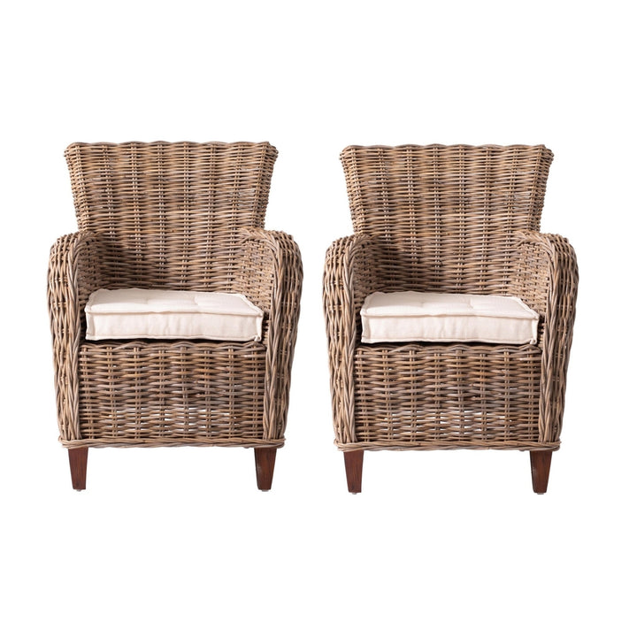 Set Of Two Natural Brown Rattan Wingback Wicker Chairs with Seat Cushions Image 11