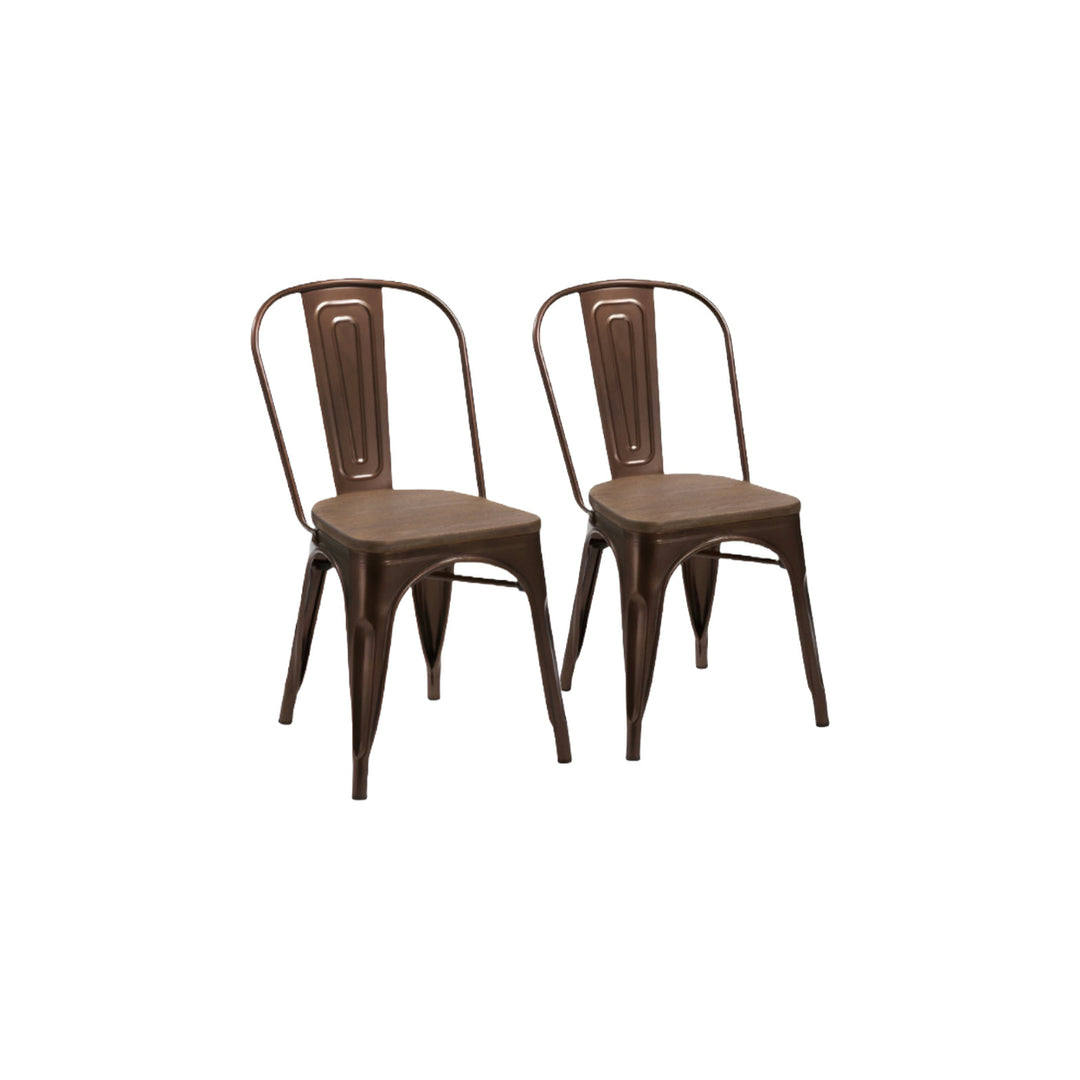 Set of Four Brown Metal and Wood Slat Back Dining Side Chairs Image 7