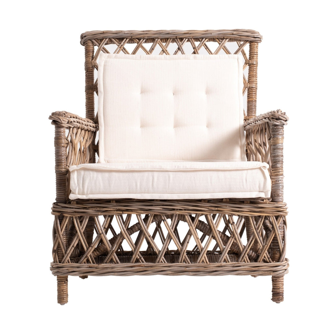 Set of Two Natural Lattice Wicker Arm Chairs with Seat Cushions Image 12