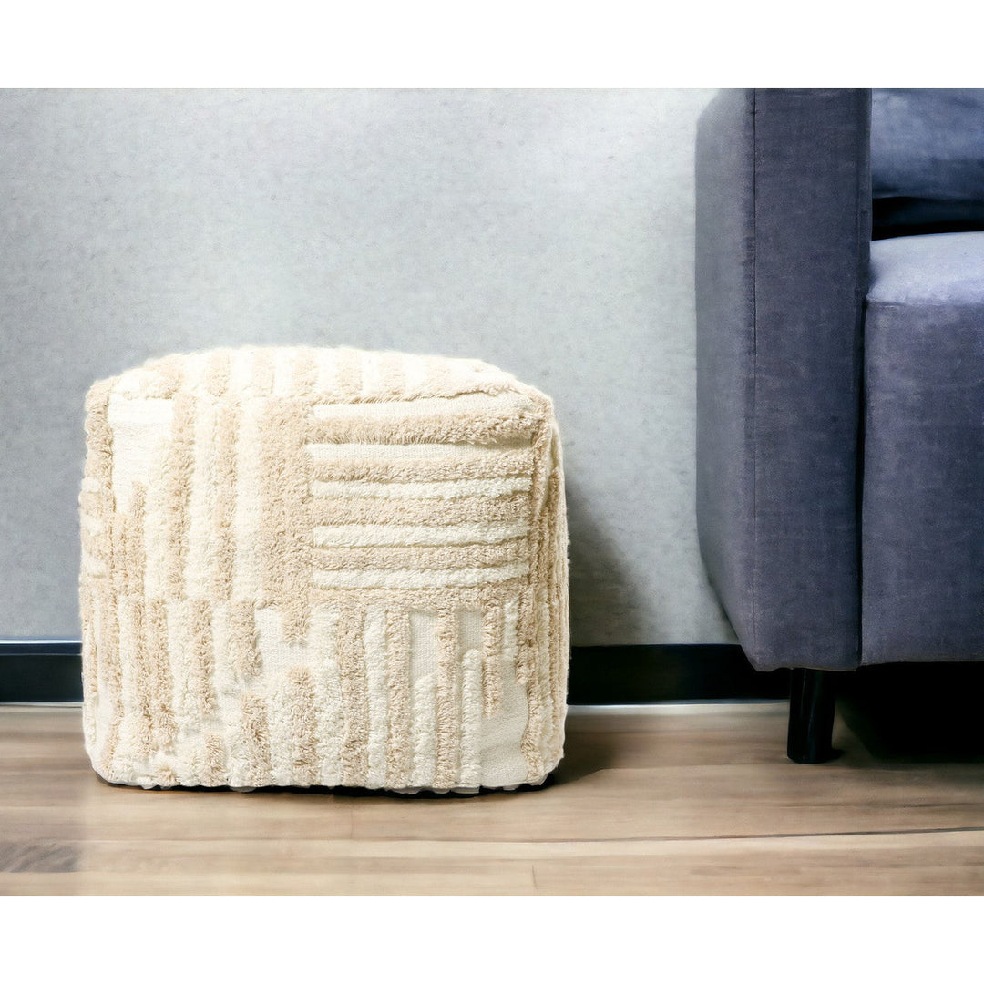 18" Beige Cotton Cube Striped Pouf Ottoman Image 2