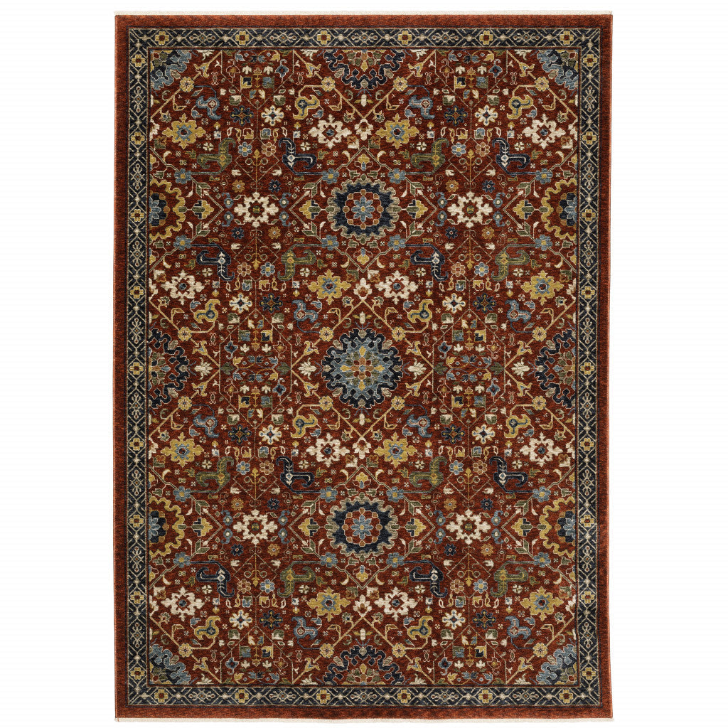 10 X 13 Red Blue Gold And Ivory Oriental Power Loom Stain Resistant Area Rug With Fringe Image 1