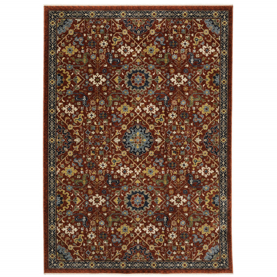 10 X 13 Red Blue Gold And Ivory Oriental Power Loom Stain Resistant Area Rug With Fringe Image 1