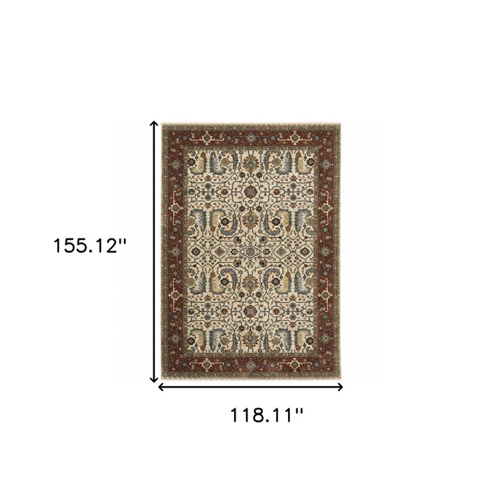 10 X 13 Ivory Red Green Grey Blue And Navy Oriental Power Loom Stain Resistant Area Rug With Fringe Image 11