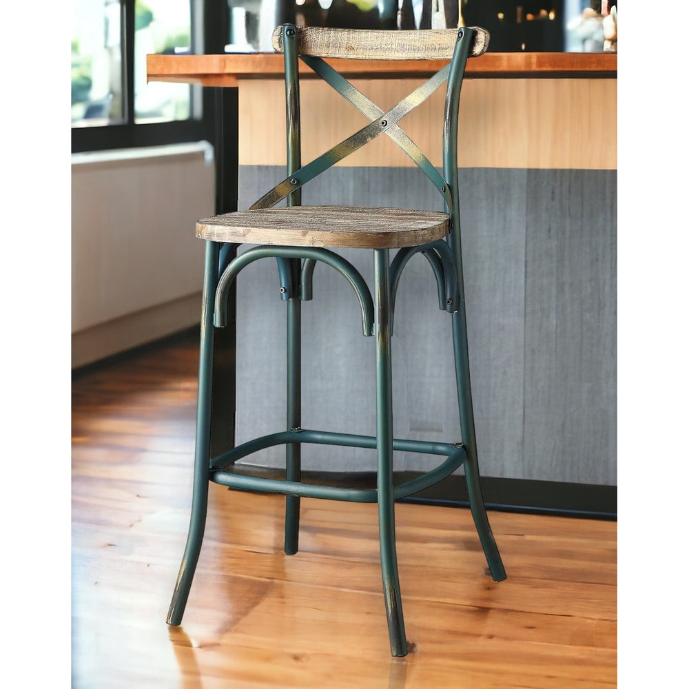 21" Brown And Turquoise Solid Wood And Metal Bar Chair Image 2