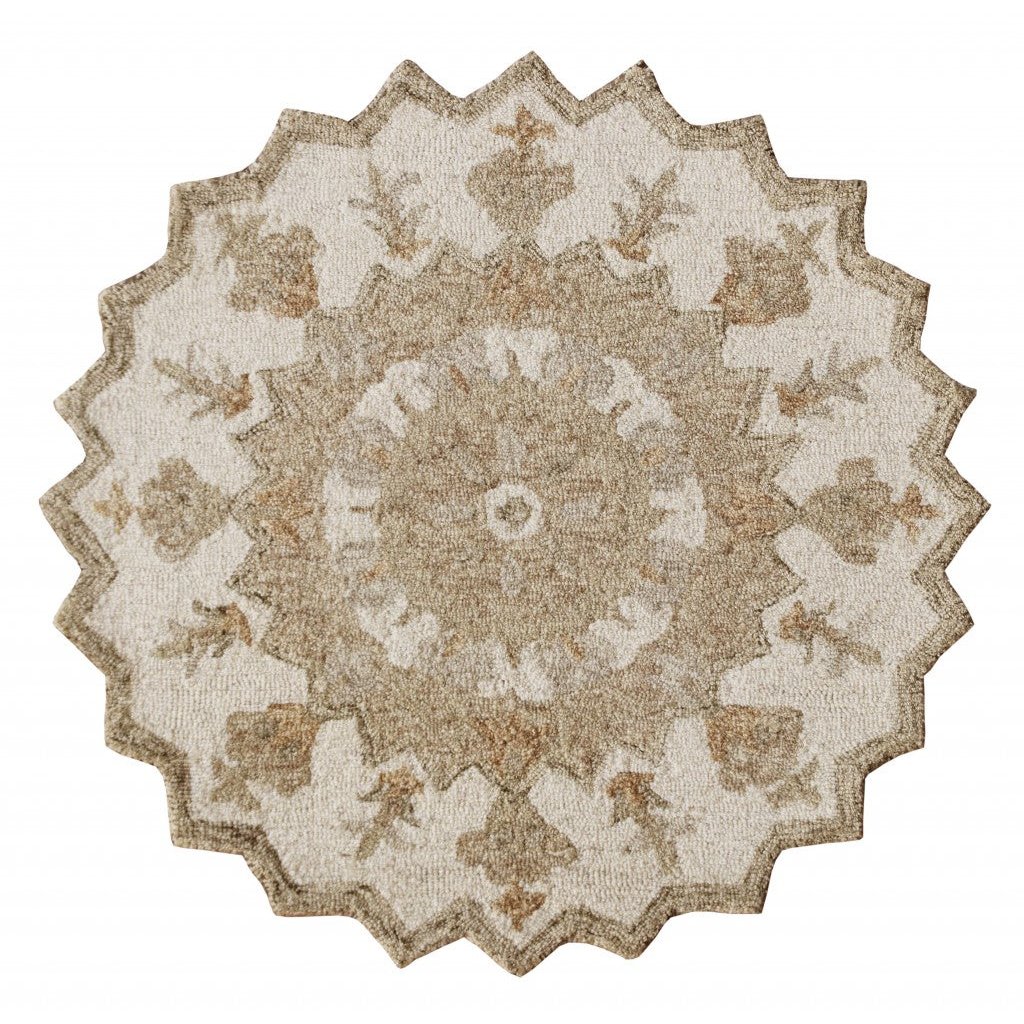 2 X 4 Tan and Beige Wool Medallion Hand Woven Half Circle Area Rug Image 1