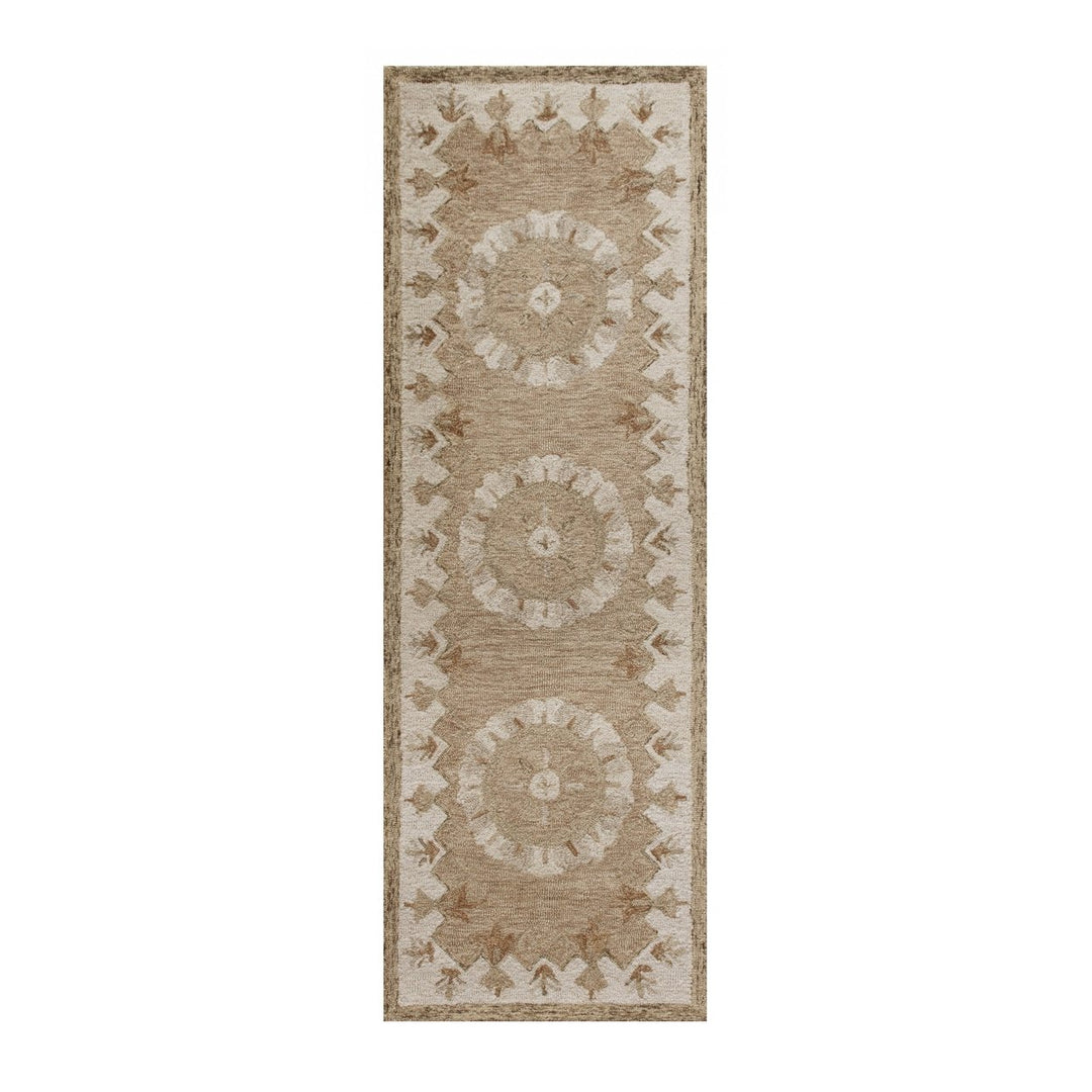 2 X 4 Tan and Beige Wool Medallion Hand Woven Half Circle Area Rug Image 1