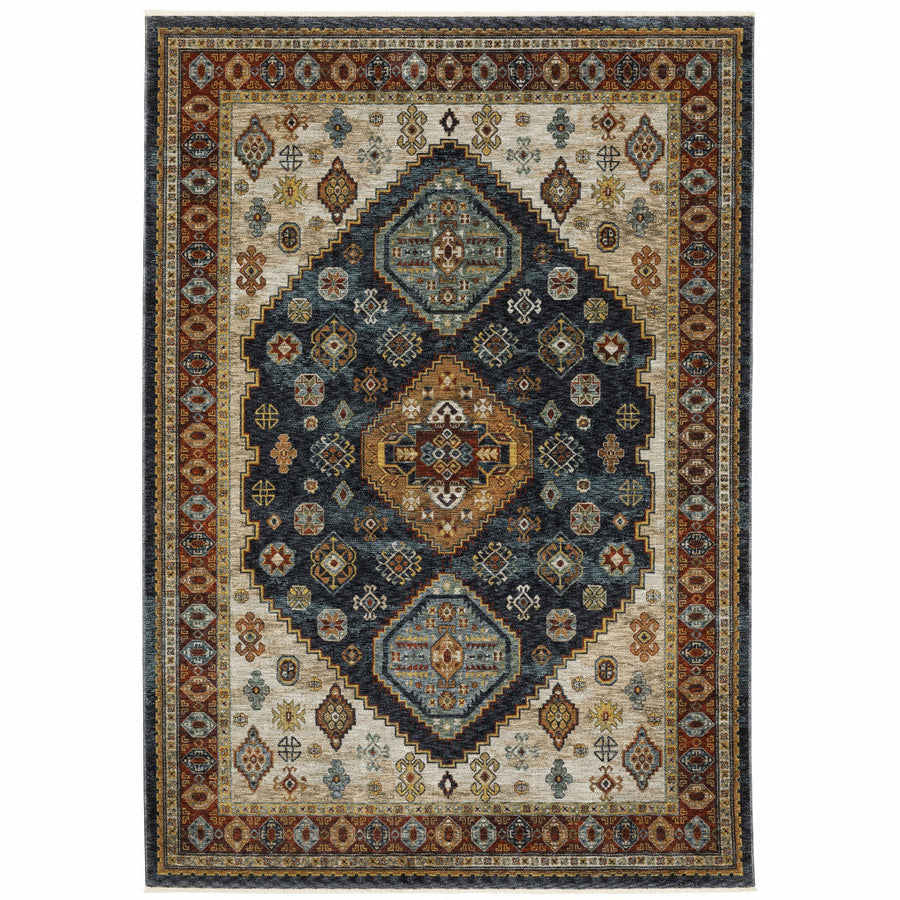 2 X 3 Blue Rust Red Beige Orange Gold And Tan Oriental Power Loom Stain Resistant Area Rug With Fringe Image 1