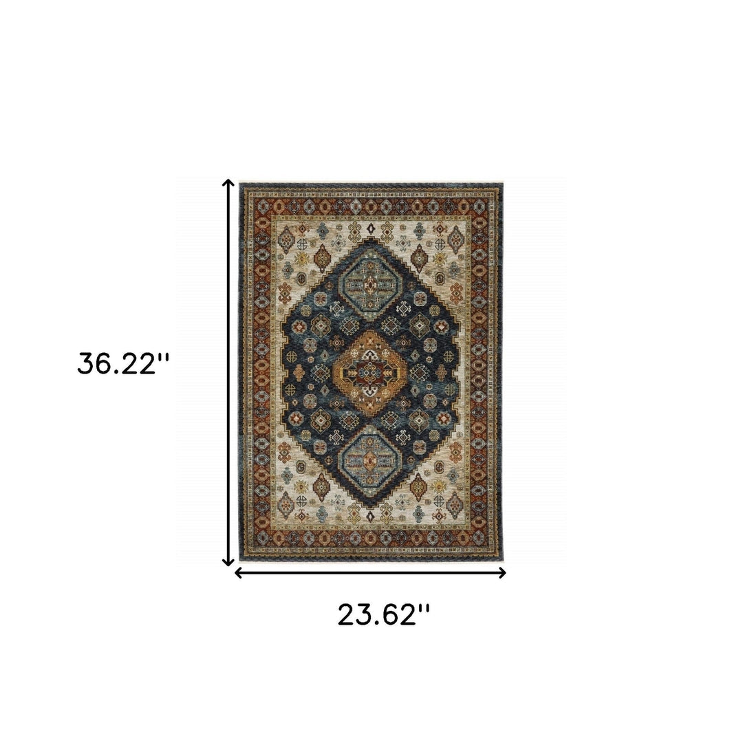 2 X 3 Blue Rust Red Beige Orange Gold And Tan Oriental Power Loom Stain Resistant Area Rug With Fringe Image 11