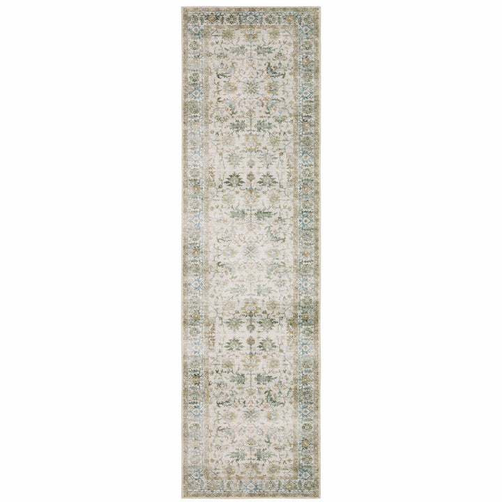 2 X 8 Grey Orange Blue Gold Green And Rust Oriental Printed Stain Resistant Non Skid Runner Rug Image 1