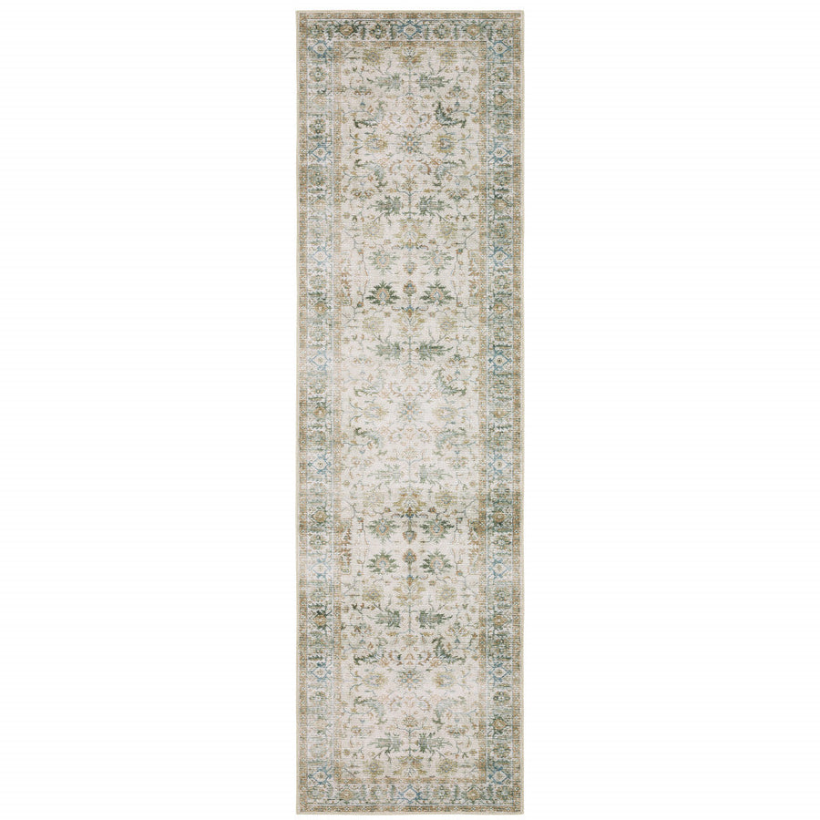 2 X 8 Grey Orange Blue Gold Green And Rust Oriental Printed Stain Resistant Non Skid Runner Rug Image 1