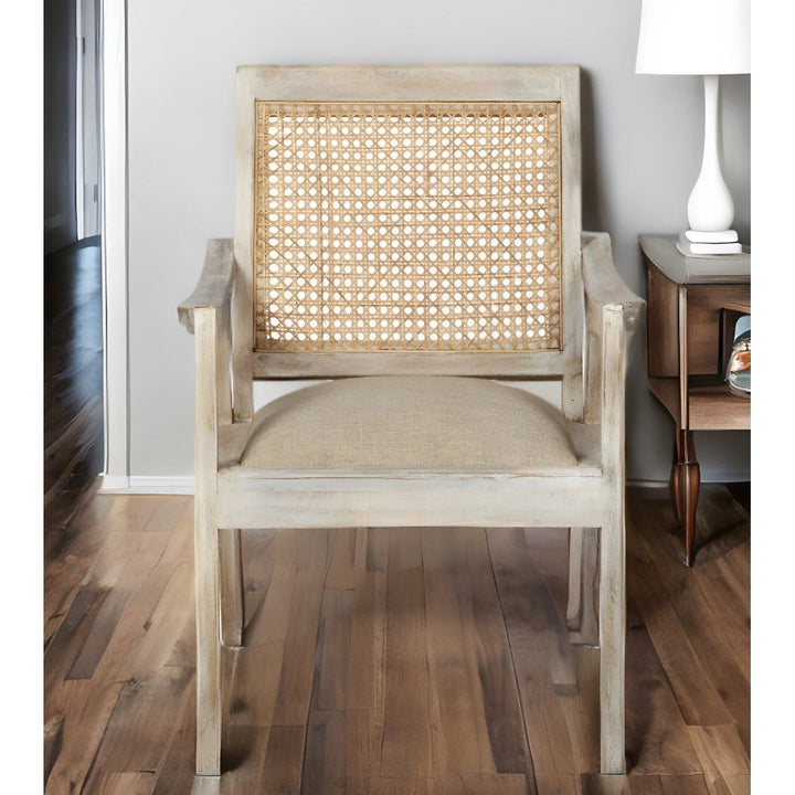 28" Cream And Brown Fabric Distressed Arm Chair Image 9