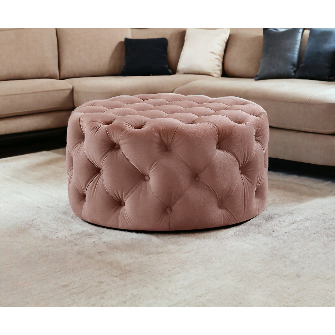 33" Blush Velvet Rolling Tufted Round Cocktail Ottoman Image 2