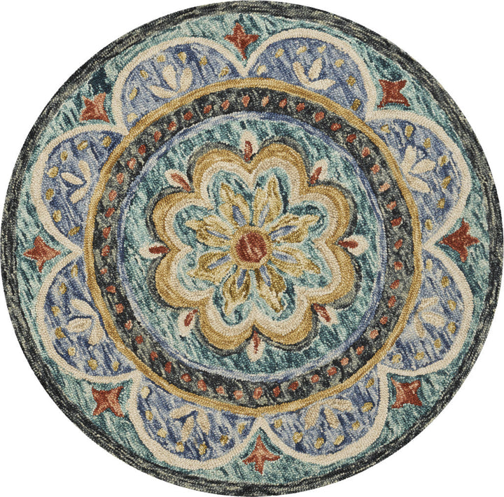 4 Blue Round Wool Floral Hand Tufted Area Rug Image 1