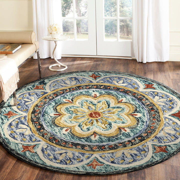 4 Blue Round Wool Floral Hand Tufted Area Rug Image 9