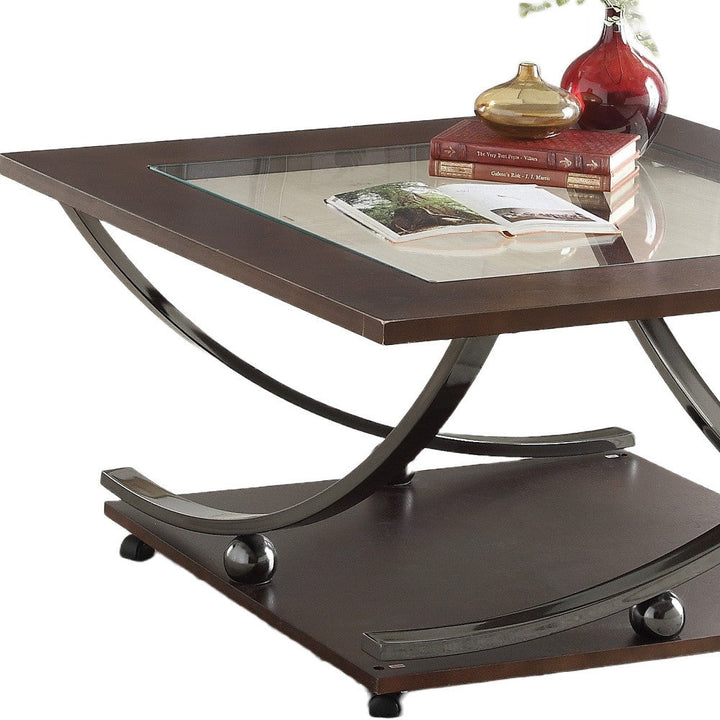 36" Black Nickel And Clear Glass Square Coffee Table With Shelf Image 3