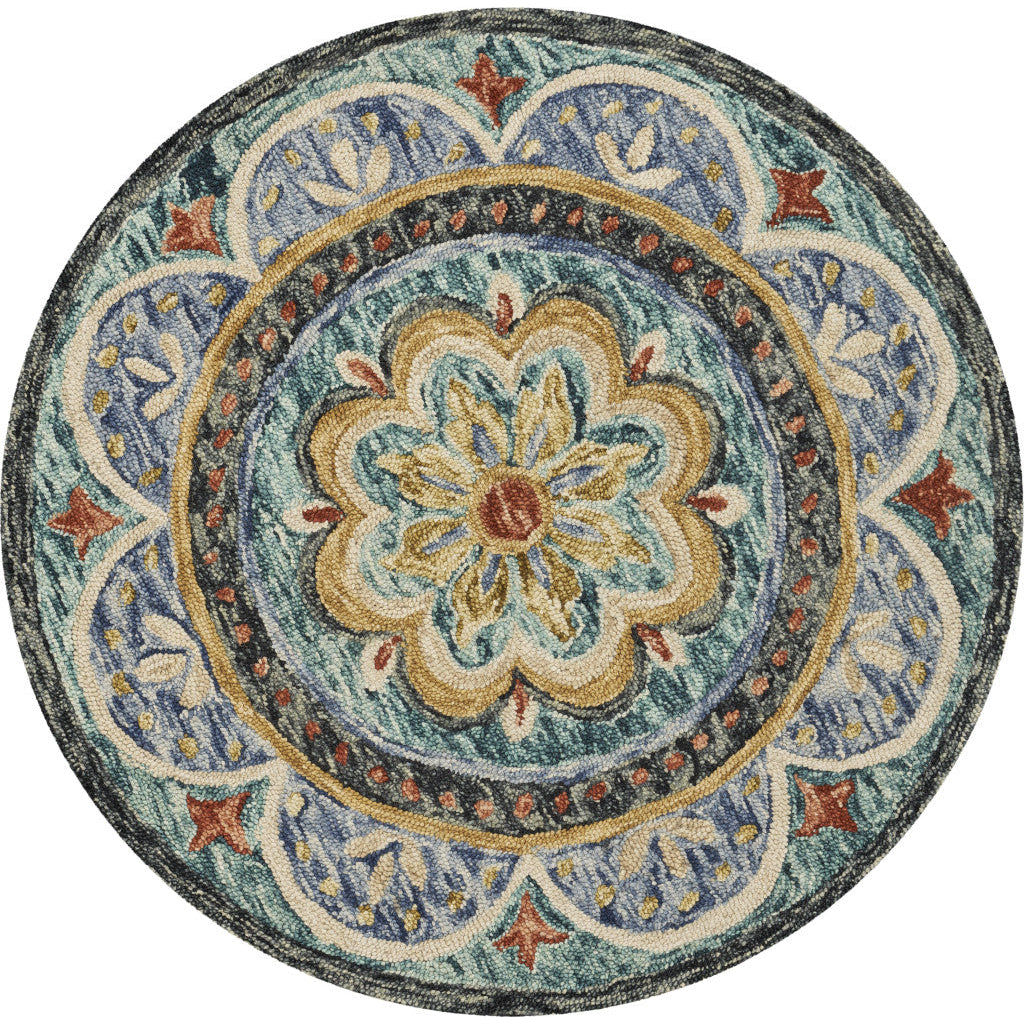 4 Blue Round Wool Floral Hand Tufted Area Rug Image 11