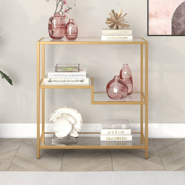 36" Gold Metal And Glass Four Tier Etagere Bookcase Image 3