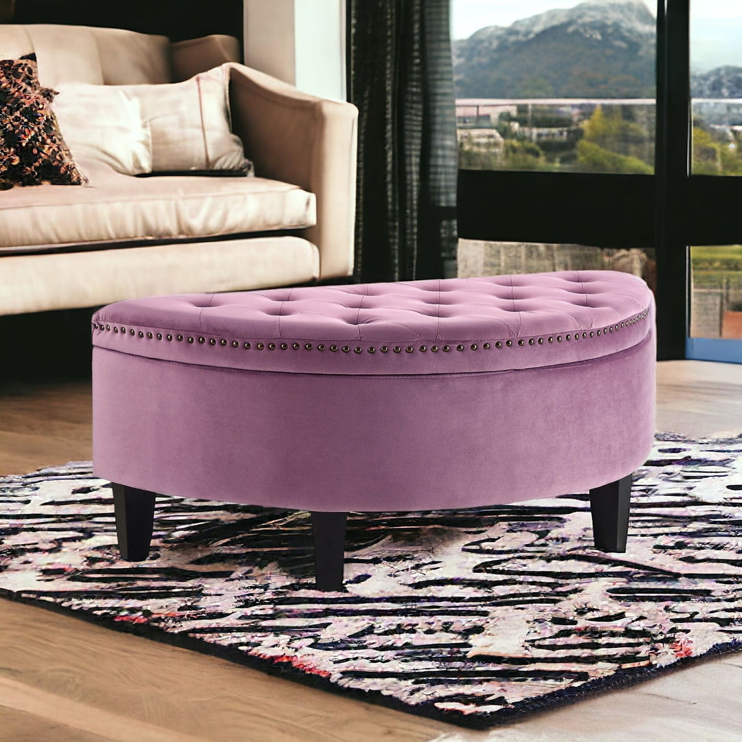 44" Mauve Velvet And Black Tufted Half Circle Storage Image 3