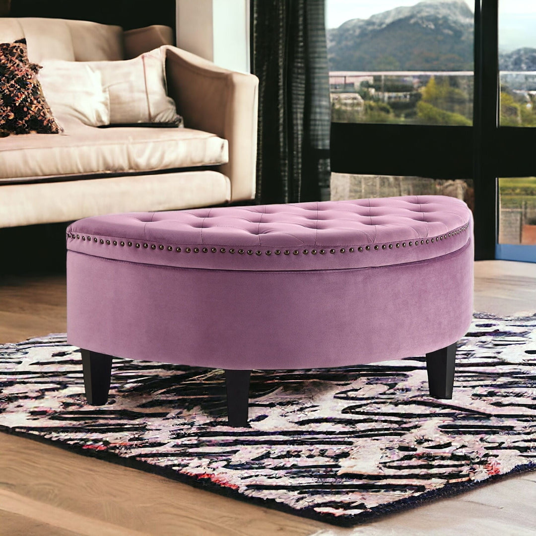 44" Mauve Velvet And Black Tufted Half Circle Storage Image 1